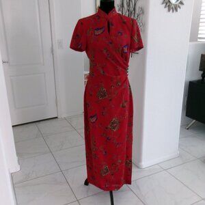 Vintage David Warren Red Asian Style Maxi Dress S 4 6 Short Sleeve Mandarin